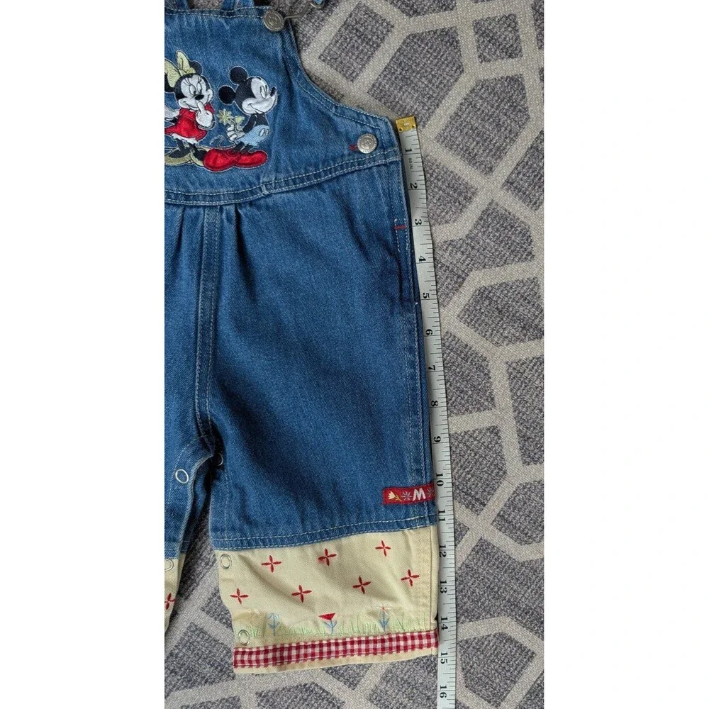 VTG 90s Disney Mickey Minnie Mouse Denim Overalls Gingham Floral Embroidery - Picture 10 of 11